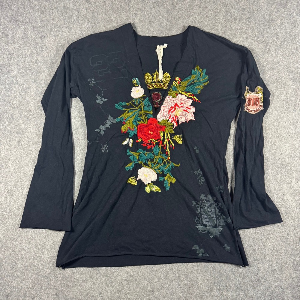 JWLA Johnny Was Tunic Women L Black Floral Embroidered Bell Sleeve V-Neck Top